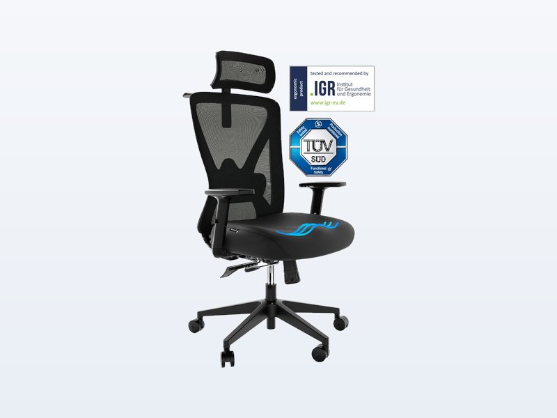 Backerz Mesh Ergonomische Bureaustoel, ergonomische bureaustoel, mesh rug, brede zitting, hoofdsteun, uit de test van Het Oordeel